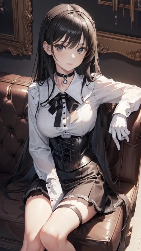  masterpiece ,  Best quality, high resolution, beautiful detailed eyes,  extremely detailed face , Detailed CG, 1 girl;  sitting on a couch ,  seen from above ,   long black hair , black eyes, choker:1.6, (( white buttoned shirt )), (black leather corset),...