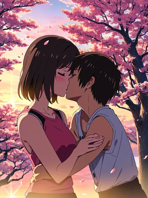 shinkai makoto, kimi no na wa., 1girl, 1boy, bangs, black hair, blush, (boy wear casual clothes), ((girl wear casual clothes, ((sleeveless girl)), red short skirt, short dress, bare shoulders, skirt), short hair, cute, love, couple, adorable, dating, (((ki...