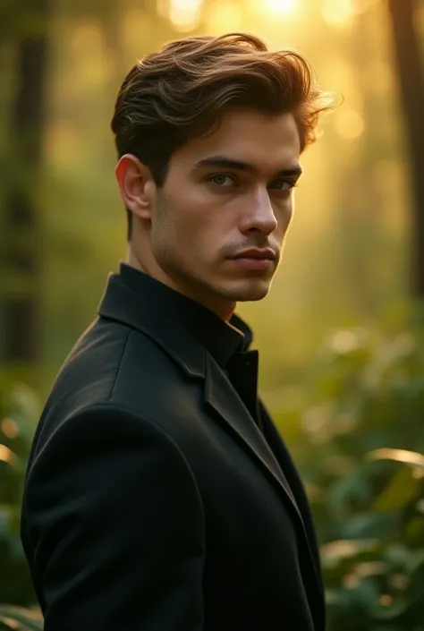 a beautiful young man, detailed face, piercing eyes, elegant posture, outdoor forest scene, warm lighting, vibrant colors, cinematic composition, epic fantasy, concept art, dramatic lighting, highly detailed, 8k, photorealistic