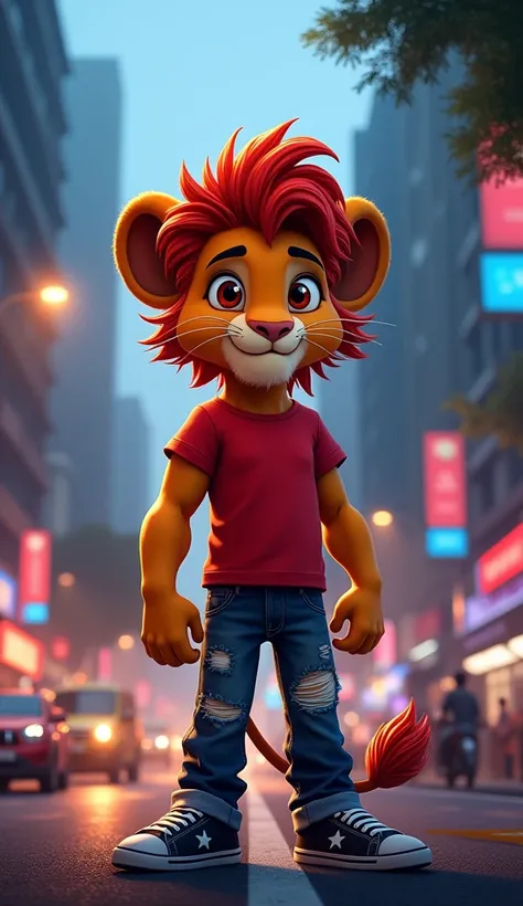 "A powerful lion cub named Sheru, standing boldly at the edge of a vibrant Mumbai cityscape, having left the jungle behind. The scene captures Sherus the lion cub strong and confident stance against a backdrop of towering buildings, busy streets, and color...