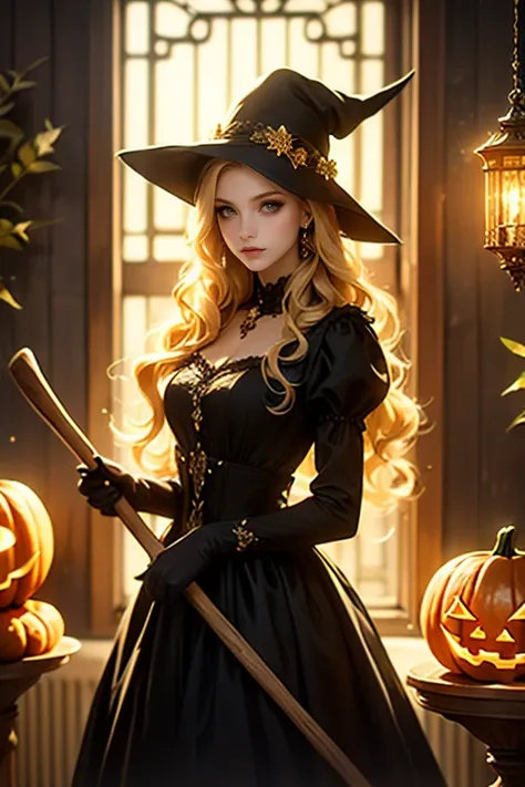 A soft, dream-like random shot of a young woman,
with blonde hair, long wavy hair
She is wearing a black witch hat with gold decorations
on it. Her dress is dark purple floral dress with puffed sleeves. dark puffy skirt ,
hand holding wooden broom
looking ...