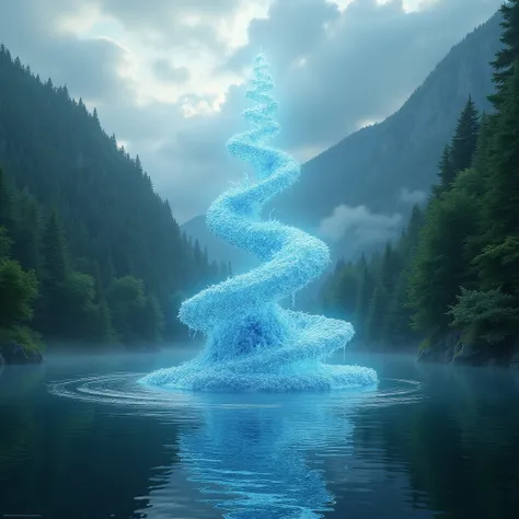 A 30 foot tall clear water spiral in the middle of a calm lake surrounded by a forest, ethereal water phenomenon, highly detailed, 8k, photorealistic, dramatic lighting, dramatic clouds, detailed foliage, detailed water ripples, glowing water, mesmerizing,...