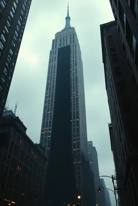 Photo of the Empire State Building , with a black flag falling along its windows, perspective from below