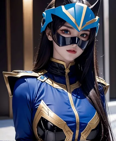 a woman highly blue rangers, toxic ranger suit, as she power rangers toxic , full body , helmet mask, long hair, high detailed, ...