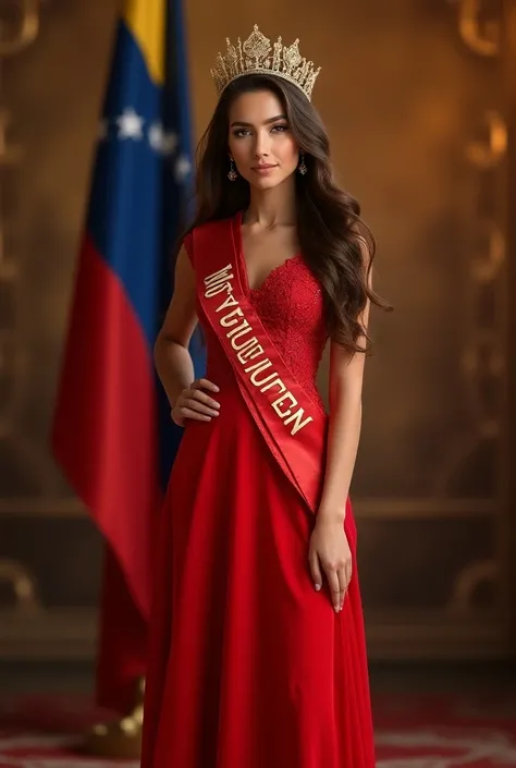  Create a 16-year-old white-skinned girl ,high ,half skinny  ,beautiful, long light brown hair ,with Venezuelan features,light brown eyes,wearing a bright red dress , heels ,  natural makeup,  with the miss universe band ,on a stage ,  posing as a queen , ...