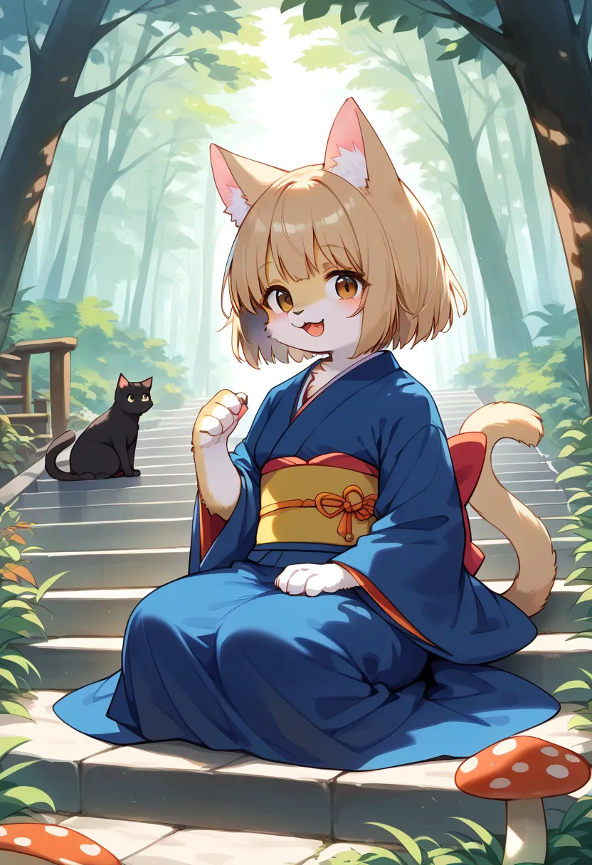 score_9, score_8_up, score_7_up, score_6_up, score_5_up, score_4_up, source_anime, best quality, amazing quality, very aesthetic, absurdres, 1girl, (furry, kemono:1.3), cat, cat girl, brown eyes, cat ears, open mouth, cat tail, short hair, hairstyle, eyebrows, kimono, obi, wide sleeve, long sleeve, sitting, raising right hand above, gaze, outdoors, mushroom, leaves, plant, forest, alone, tree, tail, nature, landscape, wide shot, sunlight, stairs, sitting on stairs, catgirl, smiling, animal ear fluff, daytime Animal ear fluff, cat, smiling, daylight