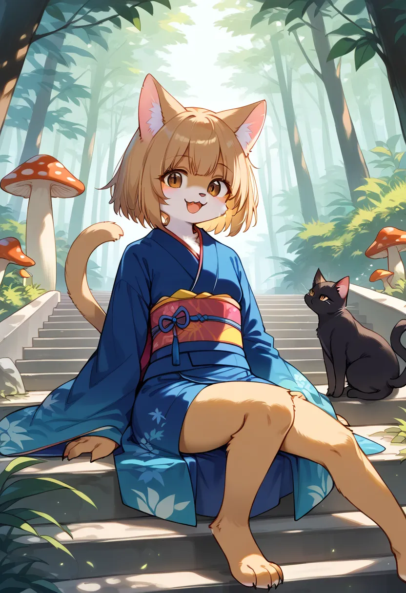 score_9, score_8_up, score_7_up, score_6_up, score_5_up, score_4_up, source_anime, best quality, amazing quality, very aesthetic, absurdres, 1girl, (furry, kemono:1.3), cat, cat girl, brown eyes, cat ears, open mouth, cat tail, short hair, hairstyle, eyebrows, kimono, obi, wide sleeve, long sleeve, sitting, raising right hand above, gaze, outdoors, mushroom, leaves, plant, forest, alone, tree, tail, nature, landscape, wide shot, sunlight, stairs, sitting on stairs, catgirl, smiling, animal ear fluff, daytime Animal ear fluff, cat, smiling, daylight