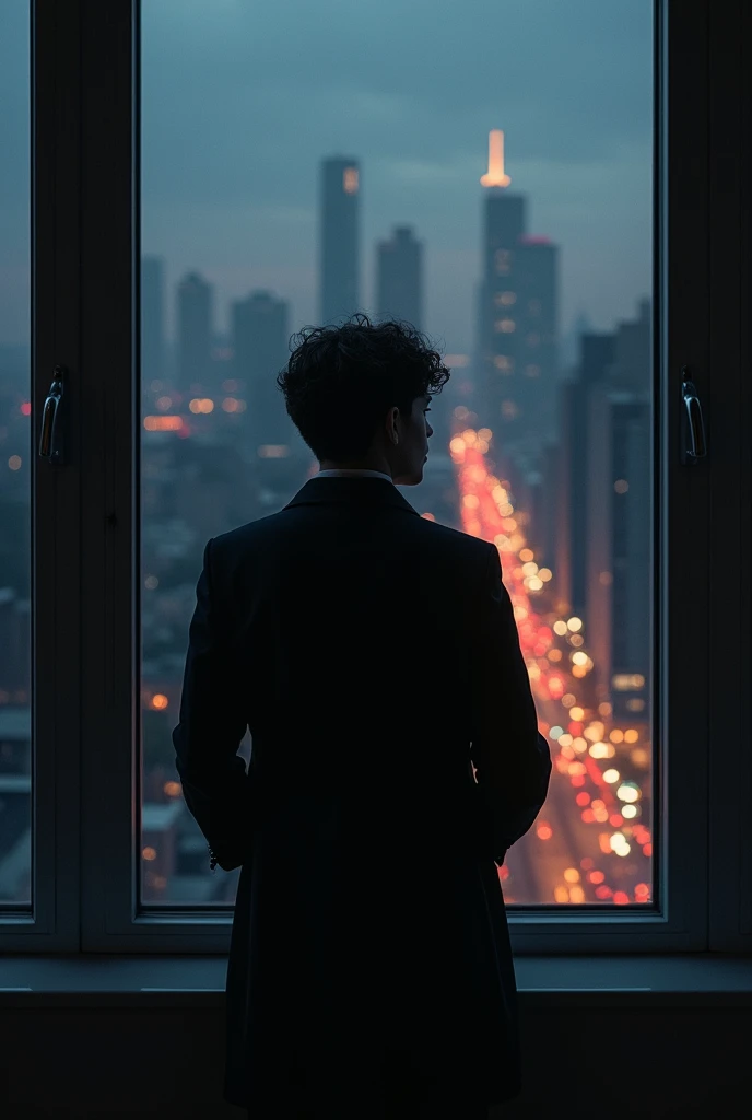 a person looking out the window, with a thoughtful eye and a city illuminated in the background. Let that dark image  