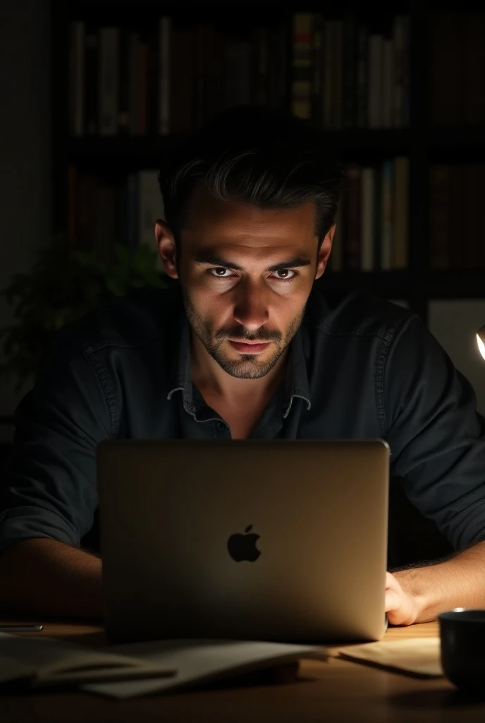  a writer staring at their laptop.his face show deep focus