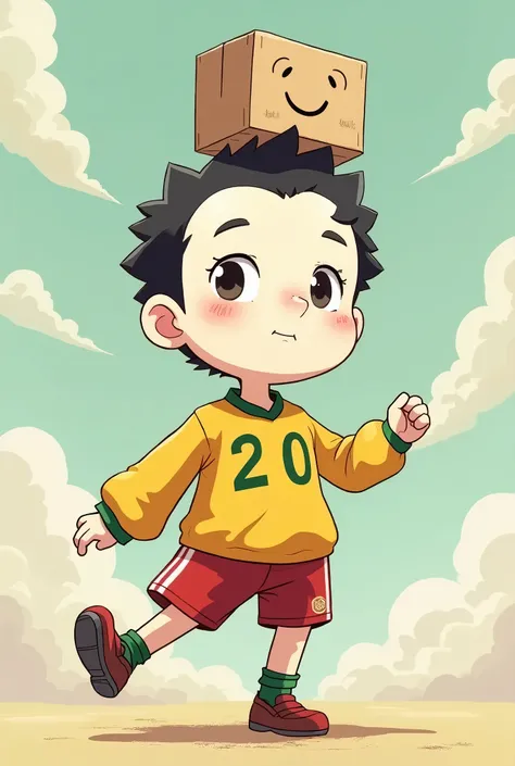 A white Pelé character with a cardboard box on his head, an outfit from Uzui from the anime Demon Aleyler, and brown pants. Anime style character