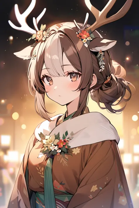 Solo female, Long brown hair tied on one side, Deer with antlers, brown eyes,Flower decoration on head,