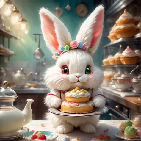  A white rabbit dressed as a pastry chef is making sweets，Preparing for afternoon tea ，  restaurant，
Best Quality,，minuet ,Extremely cute,cute,  fluffy fur  ,masterpiece,  rich colors,Best Quality,  OFFICIAL ART,  Fantasy, colorful ,curiosity，Exciting， hap...