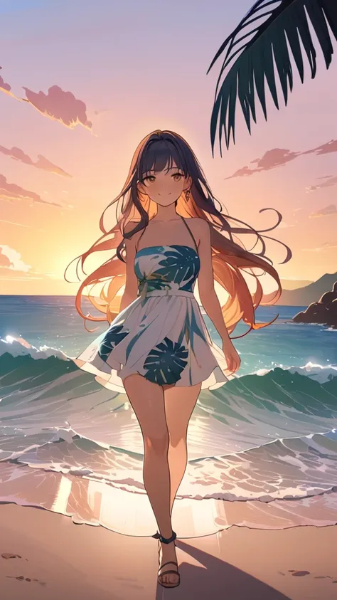 1 girl, ( cute face), ( Long Wave Hair :1.2), Hawaiian style dresses,  Fantasy Anime Outfit ,  small breasts, smile, break, Hawaii Beaches, ( soft sunset :1.1), Sparkling Sea,  gentle sound of waves , break,  palm trees,  Colorful Beach Umbrellas , Open at...