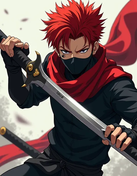 create a close up of a anime style, 21 years old man, a bit muscular, red hair, ninja appearance, red scarf, holding mega shuriken, Ninja suit like a Raven from Tekken, white skin, scar in left hand, black mask covered mouth