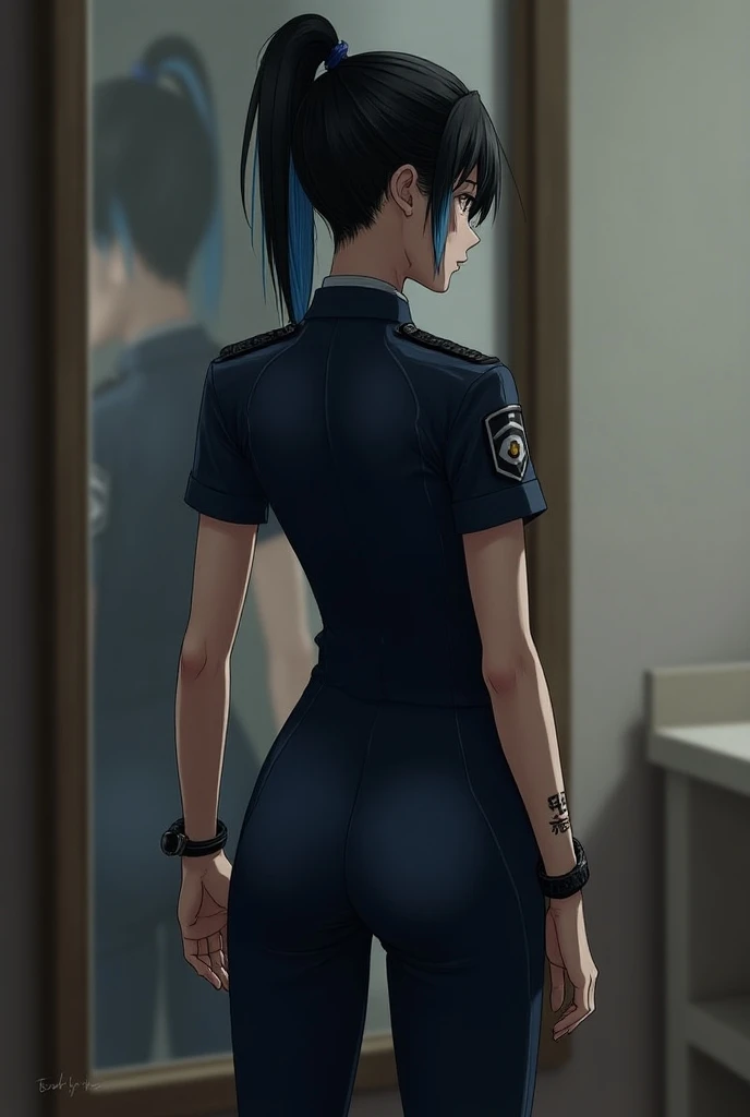  Yuki Yamamoto is a detective of 1 . 70 meters with an athletic build . Her jet black hair, gathered in a high ponytail,  has some blue highlights that give it a modern touch .  She wears a tight dark blue police uniform with details in black and gray ,  c...