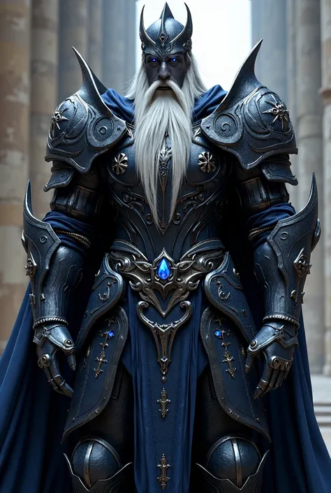 The Great Guardian of the Queen stands tall in an imposing black armor, accented with intricate silver and glowing navy blue patterns. The chest plate is broad and etched with the royal insignia, while the massive pauldrons curve outward like the wings of ...