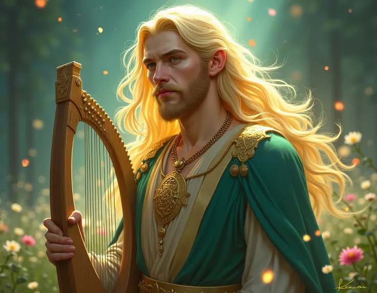  The image of Bragi in the pantheon Astar exudes a serene and powerful aura ,  reflecting his connection with art and transcendent communication .  He is portrayed as a noble figure , with long golden hair ,  that seem to glow softly as if they were made o...