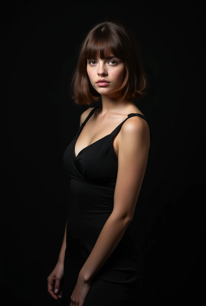 a girl with a short neck with a somewhat large breast covered in medium shoulder-length hair with a brown fringe, wearing a black dress with a black background posing for a catalog 
