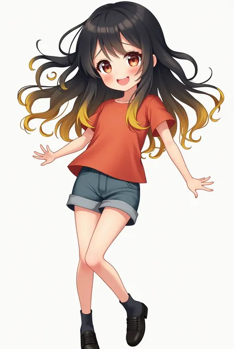 A playful girl with black hair with curly blonde tips in shorts and short blouse and black shoes.