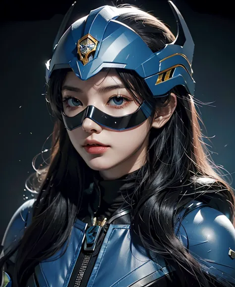 A woman highly blue rangers, toxic ranger suit, as she power rangers toxic , full body , helmet mask, long hair, high detailed, realistic, gloves, ultra realistic, ((full face helmet)), black shield sunglasses on eyes, smart black sunglasses 