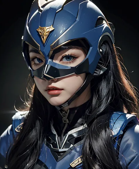 a woman highly blue rangers, toxic ranger suit, as she power rangers toxic , full body , helmet mask, long hair, high detailed, ...