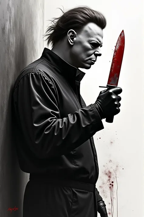 Draw Michael Mayers with his knife and some bloodstains in a black and white profile 