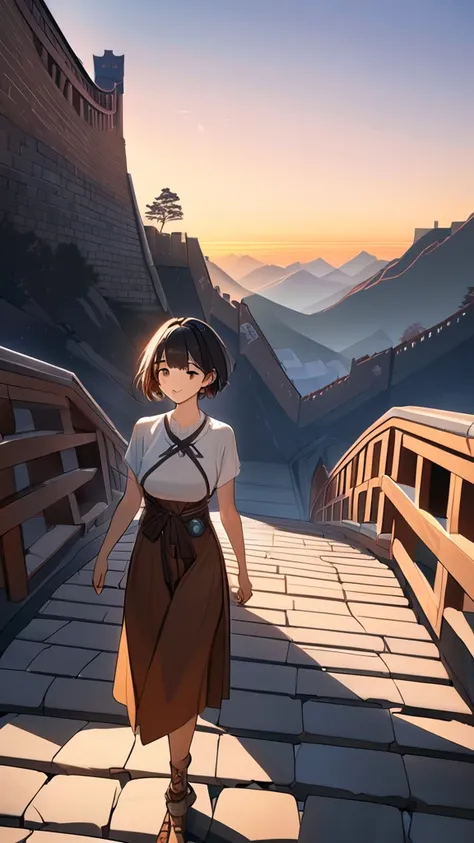 1 girl, ( cute face), ( short hair:1.2), Outdoor Style,  Fantasy Anime Outfits,  medium chest, smile, break, The Great Wall of China at dusk, (Fantastic Light:1.2), Vivid sky,  Shadow Contrast , break, Stone stairs, Quiet Time, Natural Beauty, The weight o...