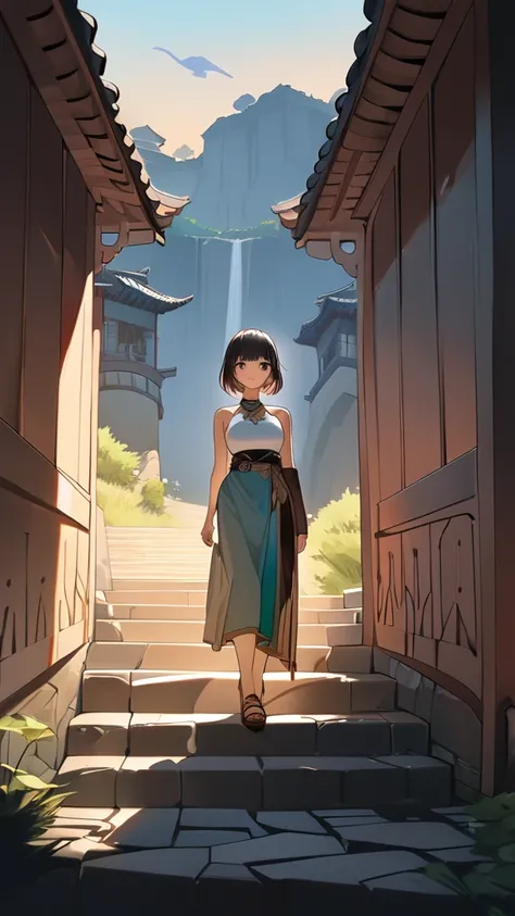 1 girl, ( cute face), ( short hair:1.2), Outdoor Style,  Fantasy Anime Outfits,  medium chest, smile, break, The Great Wall of China at dusk, (Fantastic Light:1.2), Vivid sky,  Shadow Contrast , break, Stone stairs, Quiet Time, Natural Beauty, The weight o...