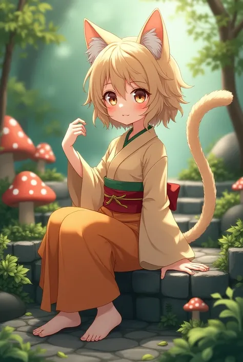 Cat on the Stone Steps, cat girl, brown eyes, cat ears, open mouth, cat tail, short hair, hairstyle, eyebrows, kimono, obi, wide sleeve, long sleeve, sitting, raising right hand above, gaze, outdoors, mushroom, leaves, plant, forest, alone, tree, tail, nat...