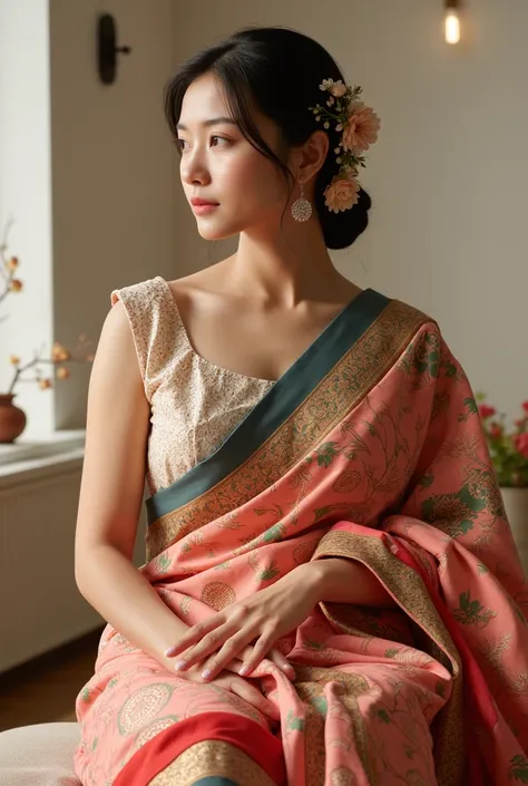 "Create a high-definition, 4K image of a Japanese woman with a thick figure, elegantly wearing an Indian saree paired with a fitted blouse. The saree combines Indian and Japanese patterns, with delicate floral motifs like cherry blossoms and mandalas. The ...