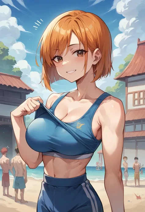 (masterpiece), (Best Quality), (Super detailed), ( Best Illustration ), ( best shadow ), ( absurd), Nobarakugisakinova,  short hair,  orange hair, (( Brown Eyes )),  Kugisaki Nobara,  1 girl, Alone, bangs,  viewers,  ((Blue sports bra)),  clevis, Beach Bac...