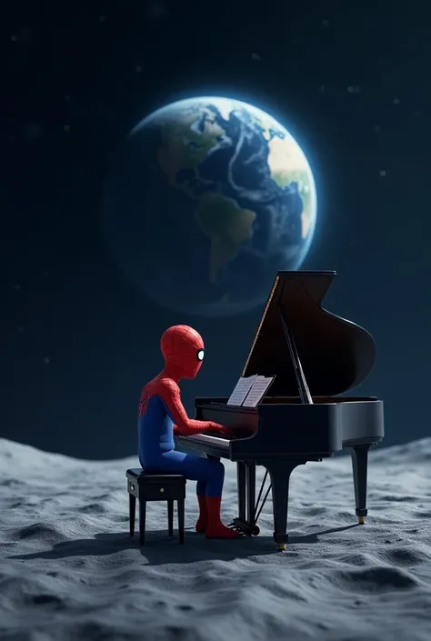 Animation of a character dressed as Spider-Man playing the piano on a lunar surface with Earth in the background in space. Earth slowly rotates in a 360-degree motion, creating a sense of majesty and tranquility. The camera performs a gentle panoramic move...