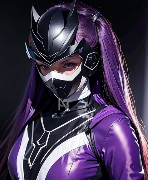 a woman purple rangers, toxic ranger suit, as she power rangers toxic , full body , helmet mask, long hair, high detailed, reali...