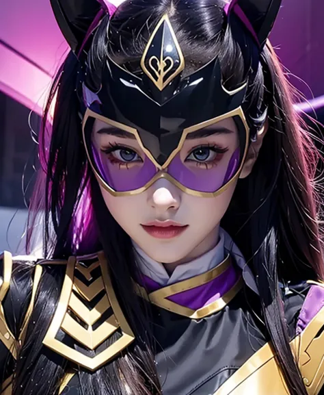 A woman purple rangers, toxic ranger suit, as she power rangers toxic , full body , helmet mask, long hair, high detailed, realistic, gloves, ultra realistic, ((full face helmet)), black shield sunglasses on eyes, smart black sunglasses 