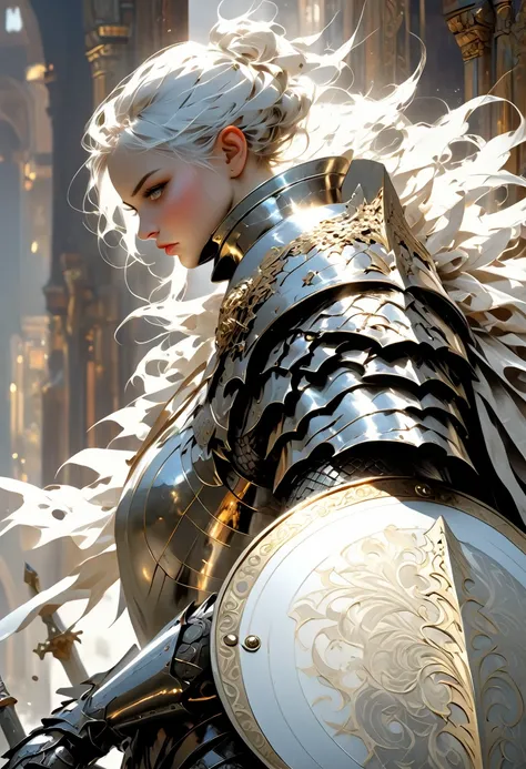 breathtaking A   very detailed   digital painting   of a powerful knight in armor holding a large,  shield adorned with a heroic pose ,  wearing shiny white armor with intricate patterns 、 A very elaborate full-body knight ,  standing in a dramatic pose ,剣...