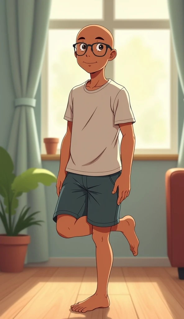 Anime, plain mimic, Indonesian young guy, bald, eye-glasses, tan skin, character stands on one leg while smiling, his hands balanced at his sides. A simple background, such as a living room floor or a small garden.