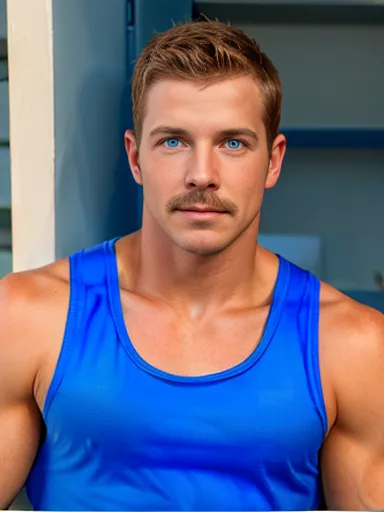 1 male,male focus,muscular male,short hair,pushed back hair style,(blue tank top:1.3),mustache,brown hair,blue eyes,upper body,