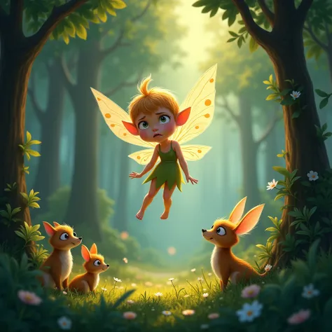 Animated image : Illustration of a tiny fairy with shimmering wings and a worried expression, hovering in the air among the trees. The friends look surprised and concerned, with the forest glowing softly around them.