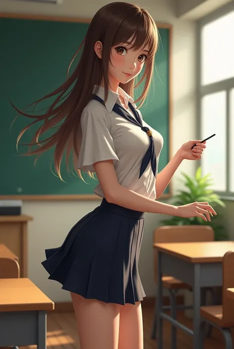 I like to see a skinny girl in greens with brown hair in a very small school uniform teaching too much but to be as realistic as possible I dont draw