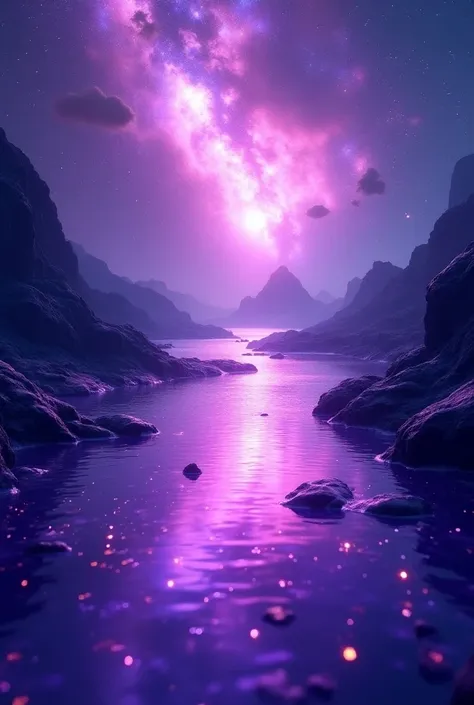 A magical bright purple river flowing through a galaxy landscape. The river has reflections of deep purple and violet hues that sparkle, as if lit from within. Around it, fields of stars, nebulae and distant planets spread in different shades of blue, pink...