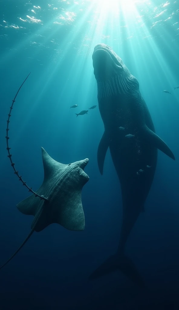 In the deep, blue expanse of the sea, a massive stingray and a powerful whale circle each other. The stingray glides with fluid grace, its wide wings rippling through the water as it moves closer. Its barbed tail sways with a hint of menace. The whale, an ...