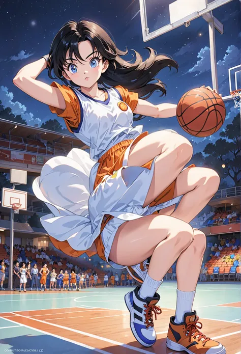 videl from dragon ball z , blue eyes , black hair , two legs , jersey angeles lackers , basketball court , at night, videl has a...