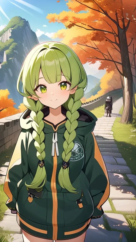 1 girl, ( cute face),  long hair, ( Braided Hairstyles :1.2),  Fantasy Anime Outfits,  Contemporary Asian Style Clothes ,  Lightweight Jackets ,  big chest, Natural smile, break, Great Wall of China Mountain Trail , ( bright sunlight:1.3), Bright green, So...