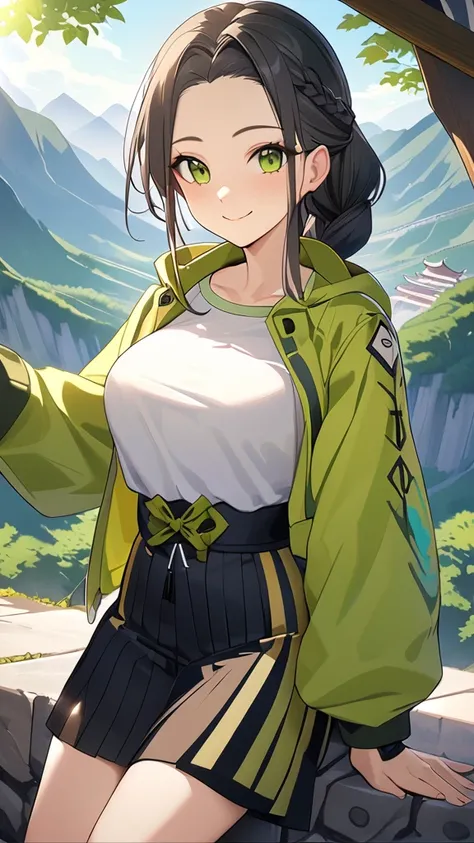 1 girl, ( cute face),  long hair, ( Braided Hairstyles :1.2),  Fantasy Anime Outfits,  Contemporary Asian Style Clothes ,  Lightweight Jackets ,  big chest, Natural smile, break, Great Wall of China Mountain Trail , ( bright sunlight:1.3), Bright green, So...