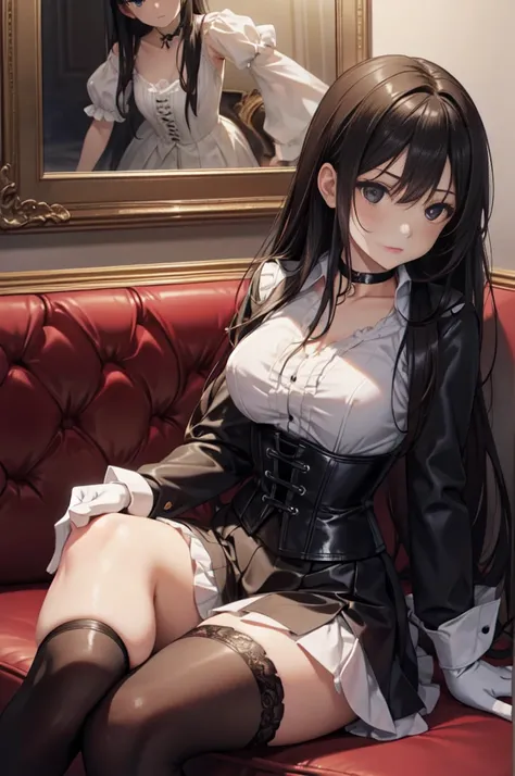  masterpiece ,  Best quality, high resolution, beautiful detailed eyes,  extremely detailed face , Detailed CG, 1 girl;  sitting on a couch ,  view from the front,  looking at the spectator,  long black hair , black eyes, choker:1.6, (( white buttoned shir...