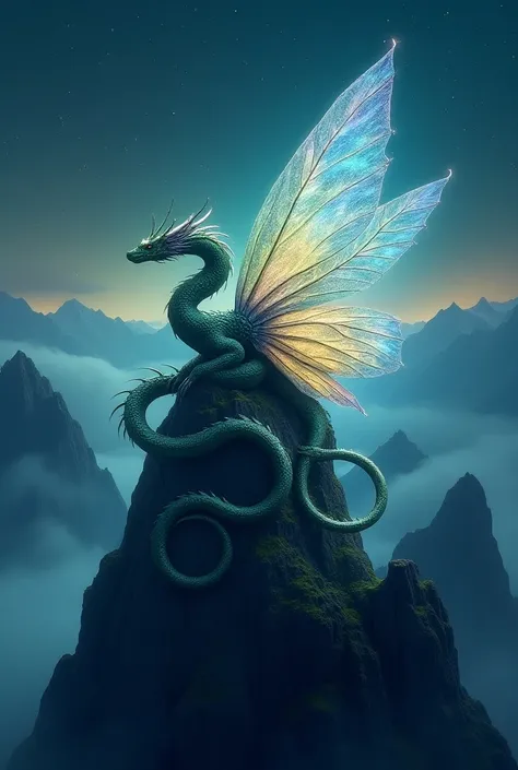 A dragon with butterfly wings and the body of a serpent coiled around a mountain peak under a starry sky.
