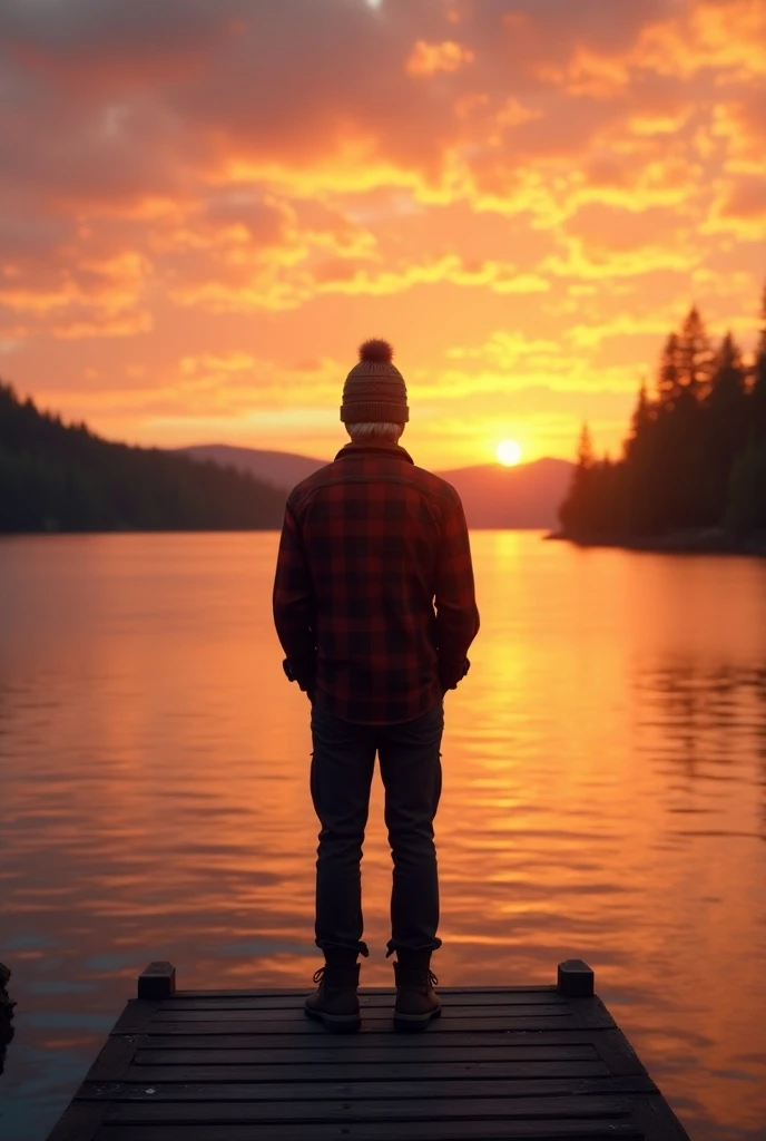 A man standing on a dock facing a lake at sunset. He’s facing away and you can’t see his face. He’s wearing a flannel button-up and hiking boots. He’s wearing a winter hat. He has dark blonde short hair. He’s 5’10”