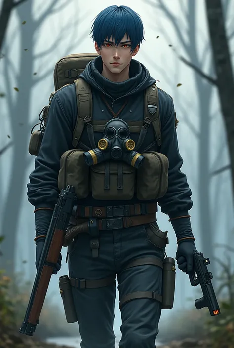  um personagem do sexo mascolino e alto no estilo artistico anime moderno do jogo S.T.a.l.k.and.r. Full-body,  in both hands and his clothes must be similar to the faction  "Clear Sky"  and in the background he must appear to be leaving the Clear Sky base ...