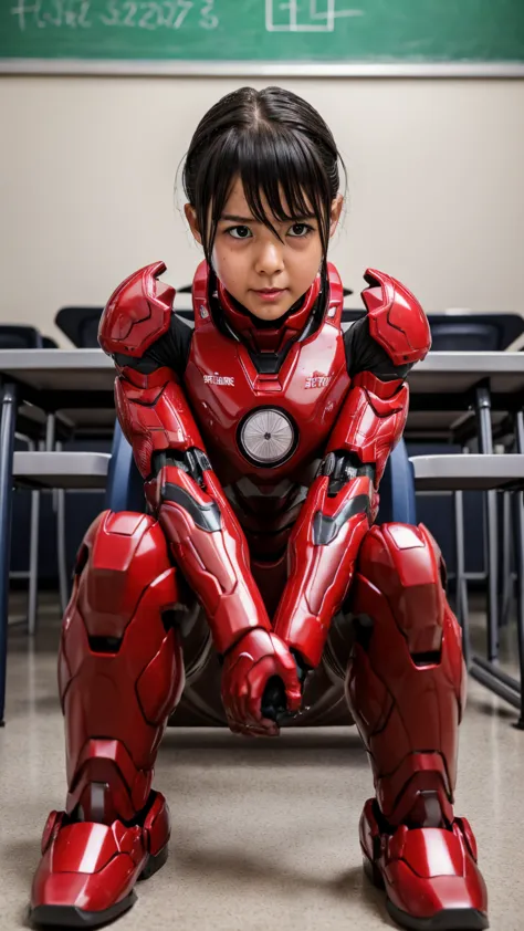 best quality　 8k full body red war machine suit girl　gloss　 elementary school girl 　sweaty face　cute　 short hair　 boyish　steam c...