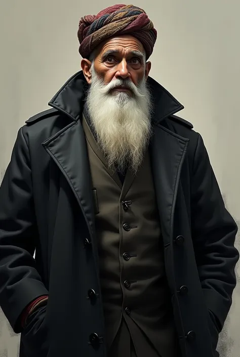 Jamshed tata in black coat 
Long white beard
With pagdi
Shock